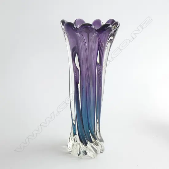 A modern art glass vase, ribbed and wrythen